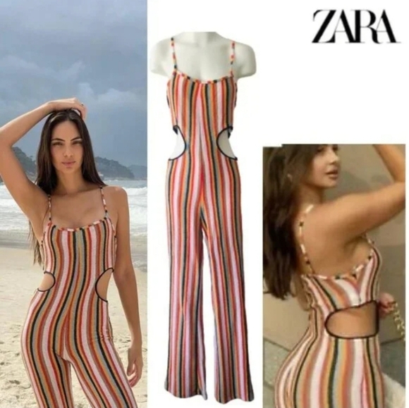 Zara Retro Rainbow Knit Wide-leg Jumpsuit with Side Cutouts Large - Picture 4 of 10